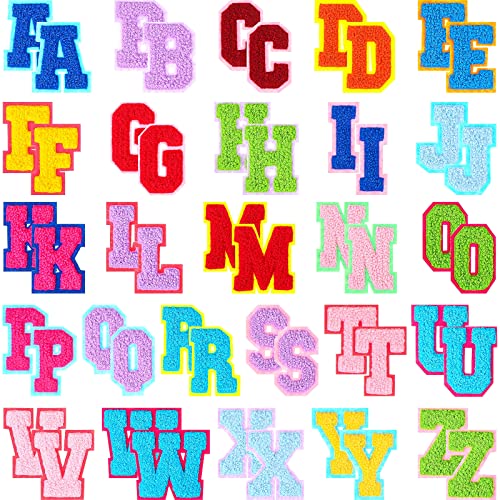52 Pieces Chenille Letter Patches A-Z Iron on Patches Gold Glitter Border Repair Embroidered Patch for Fabric Clothing Hats Bags Jackets Shirt (Multicolor, Elegant Style)