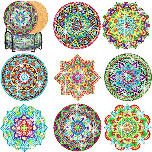 8 Pcs Diamond Painting Coasters with Holder DIY Diamond Painting Kits for Adults Cork Mat Diamond Art Paintings with Gem for Kid Beginners Paint Craft Supplies (Mandala Style)