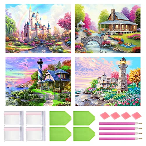 Rasugarlary 5D Castle Diamond Painting Kits for Adults Beginners 4 Packs Full Drill Landscape Diamond Art Castle Paint with Diamonds Painting by Number DIY Craft Kit for Home Wall Decor Gift 40x30cm