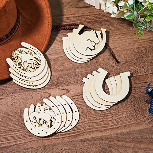 Wooden Horseshoes Cutout for Crafts DIY Unfinished Wooden Horseshoes Christmas Cowboy Decor Western Party Decor Blank Horseshoe Wood Horse Cutout Western Craft Supplies Discs Slices(48 Pcs)
