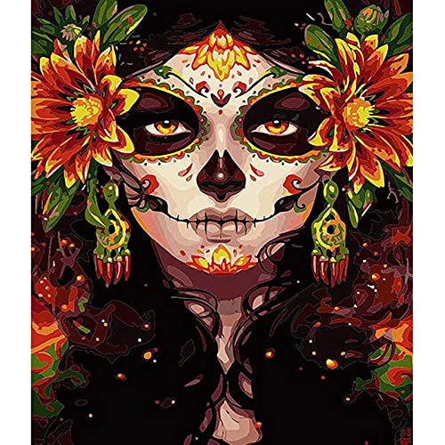 Paint by Number for Adults, CAYUDEN 16" x 20" Acrylic Paint by Numbers for Adults Beginner Kids Skull Painting by Number Kit on Canvas with 3 Brushes on Canvas Watercolor Adult Paint by Numbers Kits