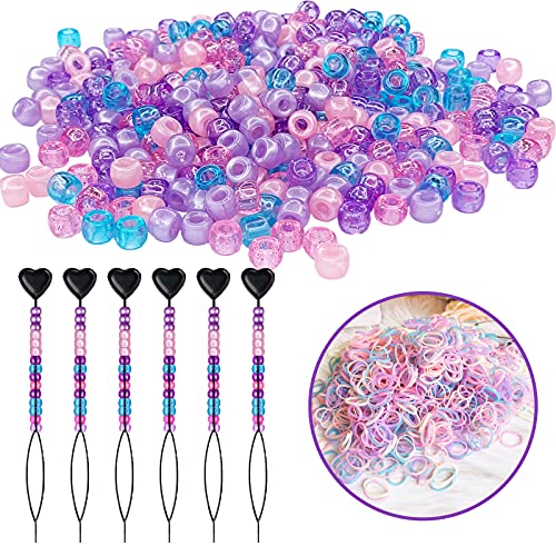 1406 Pieces Pony Beads Set Including 6 Pieces Quick Beader for Kid Hair Braids, 900 Multicolor Plastic Pony Beads and 500 Pieces Mini Rubber Bands Soft Elastic Bands,Can be Used for Hair Braids