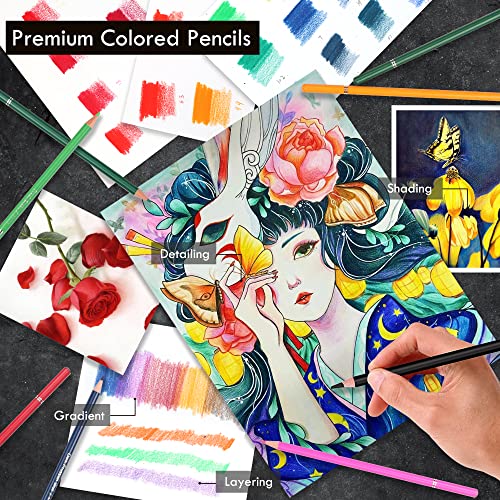 KALOUR 180 Colored Pencil Set for Adults Artists kids- 3.3mm Rich Pigment Soft Core -12 Metallic Pencil - Wax-Based - Ideal for Coloring Drawing Sketching Shading Blending - Vibrant Color（Tin Case）