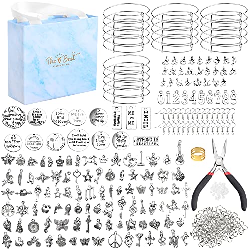 UPINS 544 Pcs Bracelet Earring Making Kit, Expandable Blank Bangles with Charms Tibetan Silver Pendants, Earring Hooks, Earring backs, Jump Rings and Pliers, Jewelry Gift for Girls DIY Craft (Silver)
