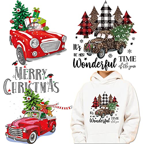 3 PCS Christmas Iron on Patches Iron on Decals Christmas Car Plaid Heat Transfer Paper Stickers for Clothing T-Shirt Pillow Covers Jackets Christmas Clothes DIY Decoration