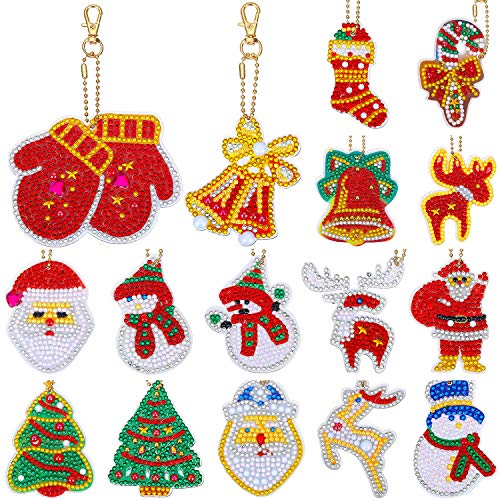 WILLBOND 16 Pieces Christmas DIY Diamond Key Chain Christmas DIY Double Sided 5D Diamond Painting Keychains Full Drill Key Ring Pendants for DIY Christmas Art Crafts