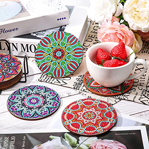 8 Pieces Diamond Painting Coasters with Holder DIY Mandala Coasters Diamond Painting Kits Diamond Art Coasters Kit Diamond Non Slip Coaster for Beginners Adults Kids Home Dining Decors Art Crafts