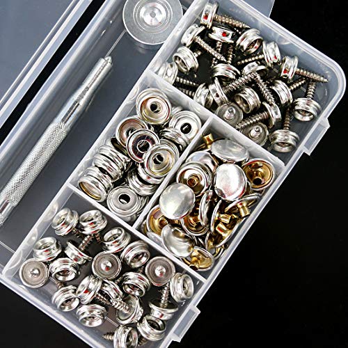 Hilitchi 120Pcs Silver [2-Sizes] Fastener Screw Snaps Marine Grade 3/8" Socket with Stainless Steel Philips Screws with Setting Tool Boat Canvas Snaps Set for Boat Cover Canvas Furniture Fabric