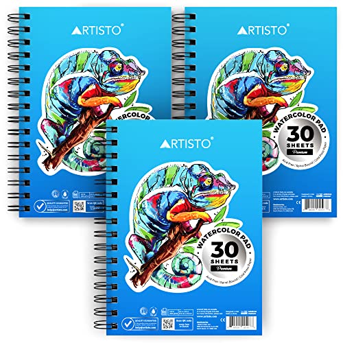 Artisto Watercolor Pads 5.5x8.5”, Pack of 3 (90 Sheets), Spiral Bound, Acid-Free Paper, 140lb (300gsm), Perfect for Most Wet & Dry Media, Ideal for Beginners, Artists & Professionals