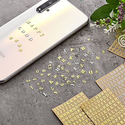 18 Sheets Small Letter Stickers Mini Numbers Stickers Letter Stickers Alphabet Number Stickers Self Adhesive Monogram Letters Scrapbook Lettering Stickers for Arts Craft Cards Decors (Gold, Silver)