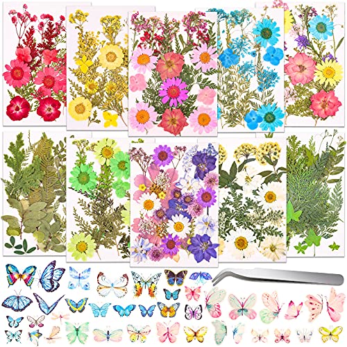 297 Pcs Dried Pressed Flowers Butterfly Stickers for Resin, Real Natural Dry Flowers Leaves Bulk with Tweezers for Art Craft Supplies Scrapbooking DIY Epoxy Resin Jewelry Candle Making Nails Décor