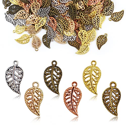 JIALEEY 210PCS Hollow Filigree Leaves Charms Pendants Craft Supplies for Necklace Bracelet Jewelry Making, Mixed 6 Color