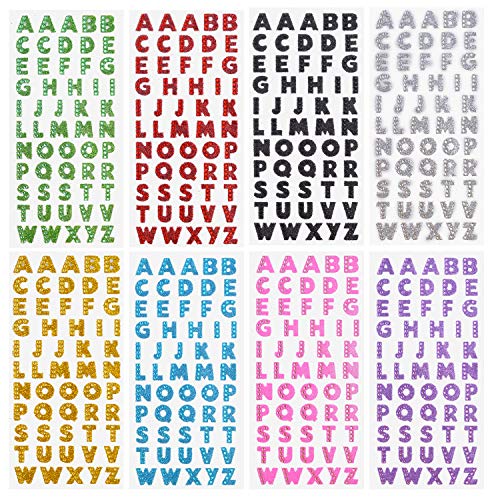 Self Adhesive Glitter Alphabet Stickers, 8 Sheets Glitter Crystal Rhinestones Alphabet Letter Stickers A to Z Letter for Grad Cap and Handicraft Art - 8 Colors
