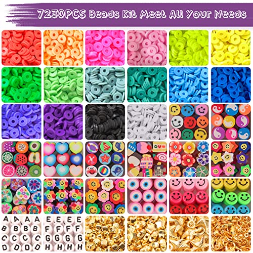 UHIBROS 7230pcs Polymer Clay Beads for Jewelry Making Letter Beads and 13 Styles Mixed Flower Smiley Face Trendy Beads, DIY Arts and Crafts Kit for Girls Ages 8-12