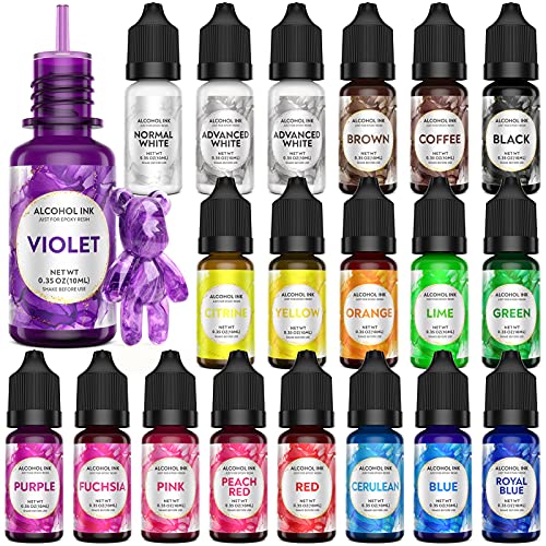 Alcohol Ink Set Resin Dye - Vibrant High Concentrated Alcohol-Based Ink, Epoxy Resin Paint Color Pigment Fast-Drying Permanent for Resin Petri Dish Tumbler Cup Making Coaster Painting (20x10ml/0.35oz)