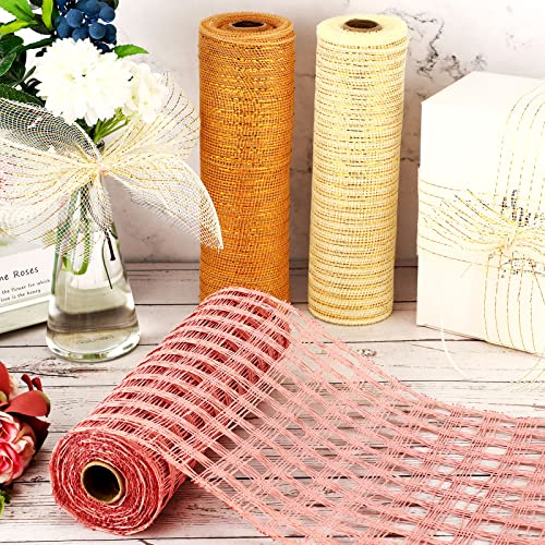 3 Pack Poly Decoration Burlap Mesh for Wreaths 10 Inch Wide Mesh Burlap Mesh Ribbon Supplies Mesh Ribbon Roll for Fall Christmas Halloween Farmhouse Wreaths DIY Crafts(Rose Gold, Linen, White)