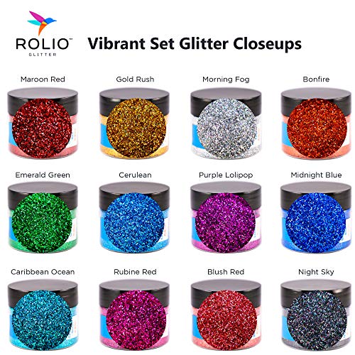 Rolio - Holographic Glitter - Pure Glitter Set - 12 Jars of Cosmetic Grade Glitter for Resin, Makeup, Face & Body Art, Craft Supplies, Nail Decoration - Vibrant Set