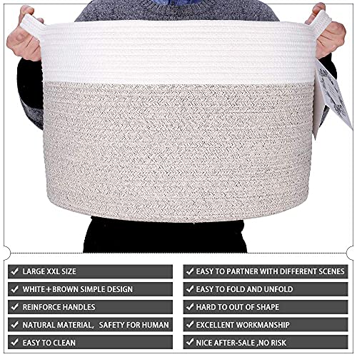 Blanket Basket Decorative Woven Storage Basket Large Toy Basket 20''X20''X13'' | Hombins Round Cotton Rope Basket for Pillow, Laundry, Real Leather Handles, 2-Toned