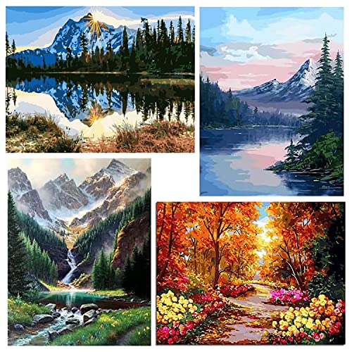 Fycert 4 Pack Paint by Numbers for Adults Kids Without Frame,DIY Oil Painting Set for Beginner,2 Pack 12x16 Inch & 2 Pack 16x12 Inch,Gifts for Men Women Children