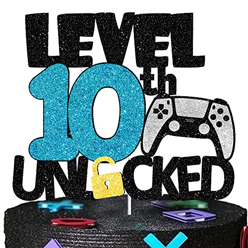 Level 10 Unlocked Birthday Cake Topper - 10th boy Birthday party Decor - Game Controller Gamepad Birthday Cake Decorations - Electronic games Gamer party Decoration-LIANGSS
