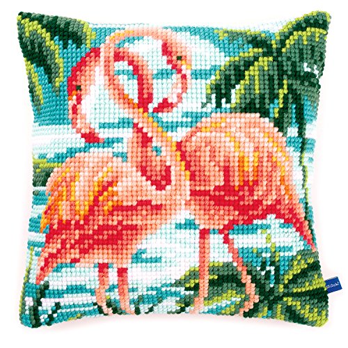 Vervaco Cross Stitch Embroidery Kits Pillow Front for Self-Embroidery with Embroidery Pattern on 100% Cotton and Embroidery Thread, 15,75 x 15,75 Inches - 40 x 40 cm, Flamingos