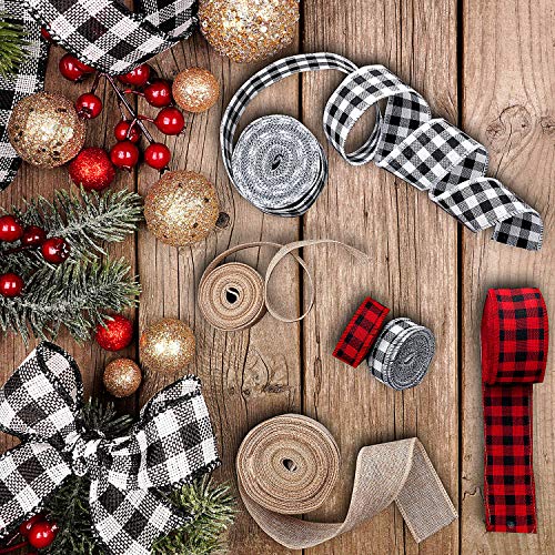 6 Rolls 45 Yards Christmas Wired Edge Ribbons Black Red Plaid Ribbon Black and White Buffalo Plaid Ribbon Burlap Craft Ribbon for DIY Wrapping, Crafts Decoration, 2 Inch and 1 Inch