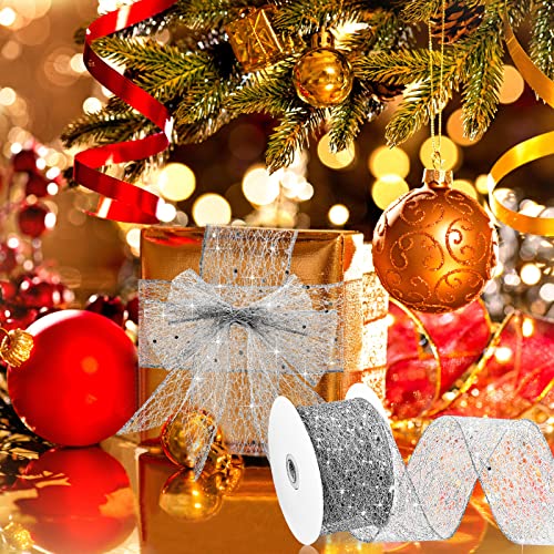 2.5 Inch x 20 Yards Mesh Glitter Ribbon Christmas Glitter Ribbon Sheer Metallic Mesh Ribbon for Home Party Gift Wrapping Wreath DIY Crafts Christmas Tree Decor (Silver)