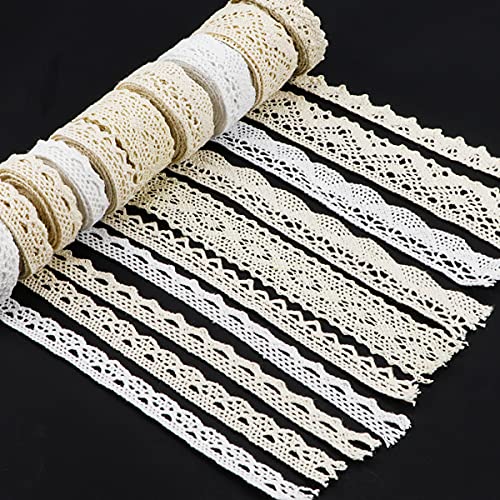 YOLUFER 10 Rolls 20 Yards White and Beige Cotton Lace Trim, Lace Ribbon Assorted Patterns Lace Trim for Decorations and DIY Sewing Craft Supply