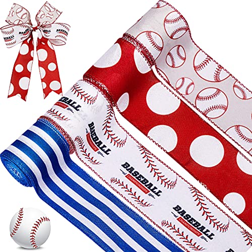 4 Rolls Wired Edge Ribbon 2.5 Inches x 24 Yard Sport Ball Craft Ribbon 4 Kinds Field Pattern Wired Ribbon for Wreath Wrapping Sport Team Party Decoration and Crafting (Baseball)