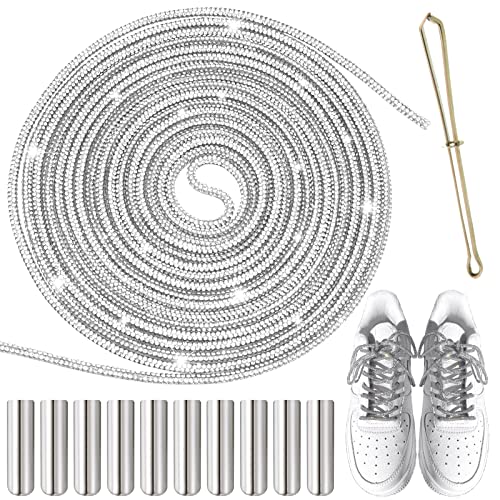 ZYNERY 4.4 Yards Rhinestones Rope Laces with 10 pcs Aglets for Shoelaces, Silver Rhinestone Shoe Laces, Glitter Shoe Laces for Sneakers Dress Hoodie String Replacement DIY Crafts