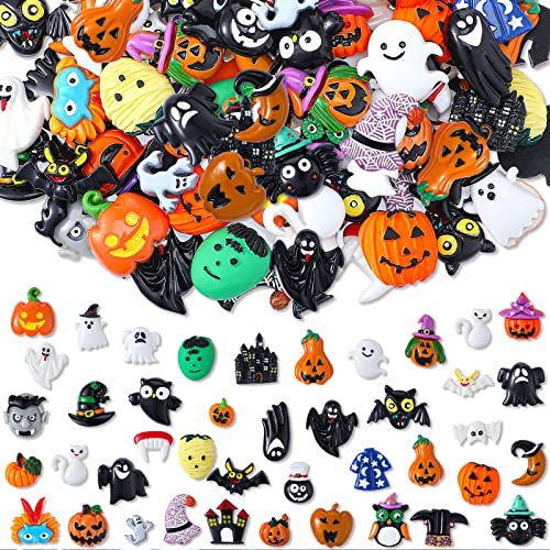 100 Pieces Random Halloween Slime Charms Assorted Halloween Flatback Resin Ornaments Wizard Pumpkin Ghost Embellishments Spider Skull Castle Shape Crafts for Halloween DIY
