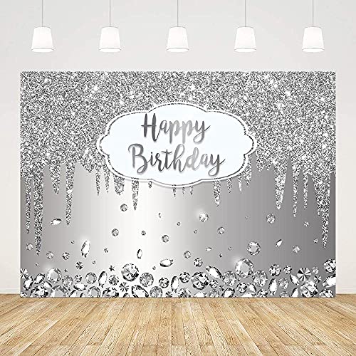 ABLIN 7x5ft Happy Birthday Backdrop Dripping Glitter Crystal Diamond Silver Photo Background Girls Women Bday Party Decorations Cake Table Banner Wall Decor Props