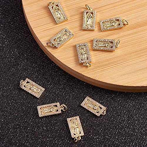Airssory 10 Pcs Golden Plated Rectangle with Virgin Mary Charm Brass Micro Pave Clear Cubic Zirconia Pendants for Jewelry Making DIY Craft - 17x8mm