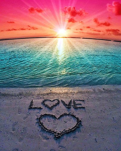 DIY 5D Diamond Painting Beach by Number Kits, Sunset Love Diamond Art Kit Paint for Adults Full Drill Crystal Rhinestone Picture Arts Craft for Home Wall Decor Gift