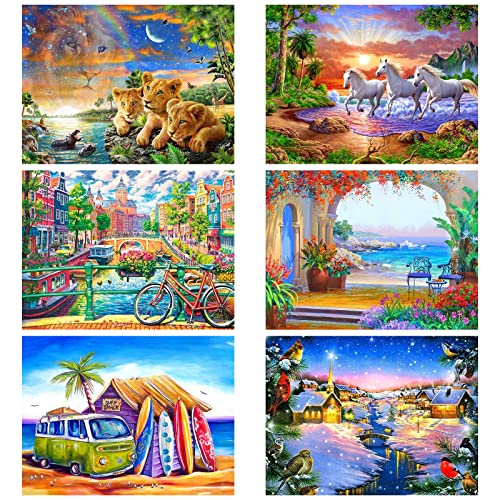 WHATWEARS 6 Pack Diamond Painting Kits for Adults 5D Landscape Diamond Art Painting Full Drill DIY Animals Gem Art Crystal Paint with Diamonds Accessories Craft for Home Wall Decor 15.7 x 11.8 Inch