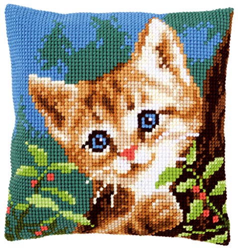 Vervaco Cross Stitch Embroidery Kits Pillow Front for Self-Embroidery with Embroidery Pattern on 100% Cotton and Embroidery Thread, 15,75 x 15,75 Inches - 40 x 40 cm, Cat on a Tree