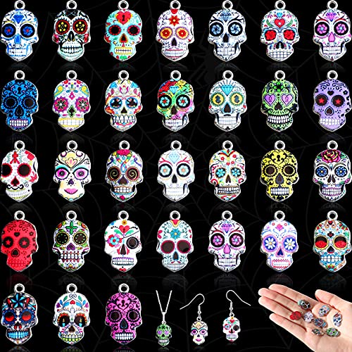 62 Pieces Halloween Skull Charms Day of The Dead Charms 31 Color Flower Enamel Skull Pendants Alloy Mexican Skull Charms for Jewelry Making Earrings Necklaces Bracelets (Chic Style)