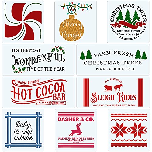 PARBEE 10 Set Farmhouse Christmas Stencil, Winter Holiday Christmas Tree Hot Cocoa Peppermint Candy Rustic Sign Painting Stencils for Home Wall Decoration Reusable Templates DIY Wood Sign