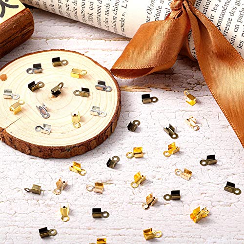 1000 Pieces Fold Over Cord Ends Cord Crimp End Tips Fold-Over End Caps Leather Ribbon Ending Clasp Tips Jewelry Connector for Jewelry Making, 3.5 x 9 mm/ 0.14 x 0.35 Inch, 5 Colors