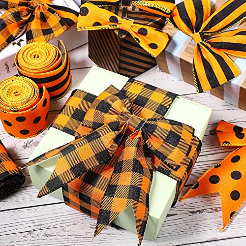 3 Rolls Orange and Black Plaid Wrapping Ribbons Thanksgiving Fall Burlap Wired Ribbon Christmas Dot Pattern Striped Ribbons for Home DIY Crafts Party Decoration, 2.5 Inch x 15 Yards