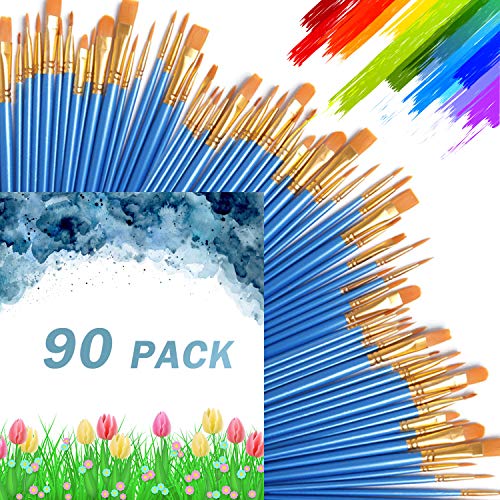 DECYOOL Acrylic Paint Brush Set,9 Packs / 90 pcs Nylon Hair Brushes for All Purpose Oil Watercolor Painting，Miniature Detail Painting Artist Professional Painting Kits