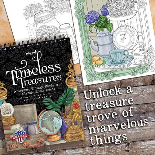 ColorIt Timeless Treasures: Antiques, Vintage Finds, and Classic Home Decor Adult Coloring Book, 50 Original Drawings, Spiral Binding, USA Printed, Lay Flat Hardback Book Cover, Ink Blotter Paper