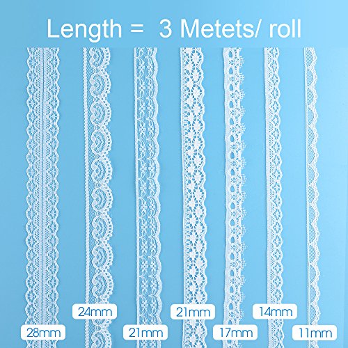 FEPITO 39.6 Yards White Lace Ribbon 12 Rolls Assorted Lace Trim Ribbon for Sewing and Bridal Wedding Scalloped Decorations