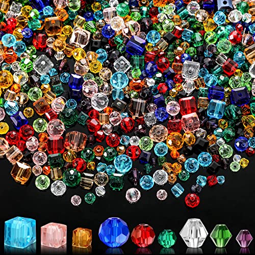 1000 Pieces Crystal Beads for Jewelry Making Faceted Bicone Cube Crystal Glass Beads Bracelet Making Kit Loose Beads Briollete Rondelle Spacer Beads for DIY Bracelets Necklace Pendants Making Supplies