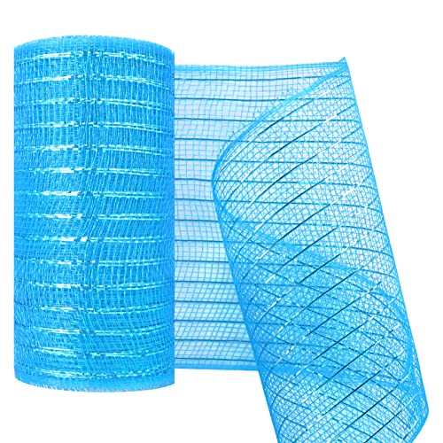 MIKIMIQI Deco Mesh 5.9 Inch x 30 Feet Decor Mesh Ribbon with Metallic Foil Deco Mesh Wreath Supplies Ribbon Mesh Roll for Spring Wreaths, Swags, Craft, Party Decoration (Lake Blue)