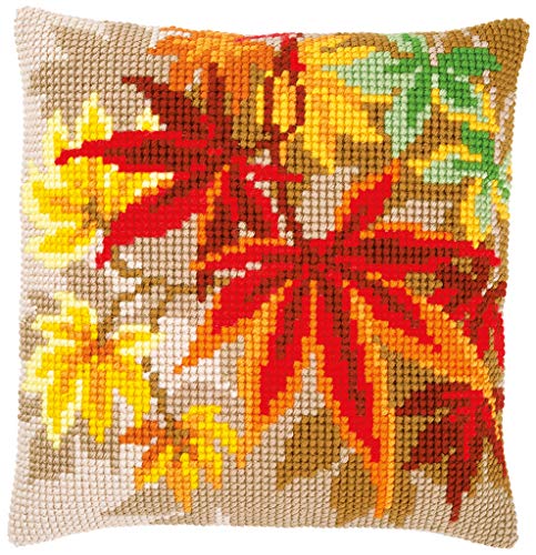 Vervaco Cross Stitch Embroidery Kits Pillow Front for Self-Embroidery with Embroidery Pattern on 100% Cotton and Embroidery Thread, 15,75 x 15,75 Inches - 40 x 40 cm, Autumn Leaves Red