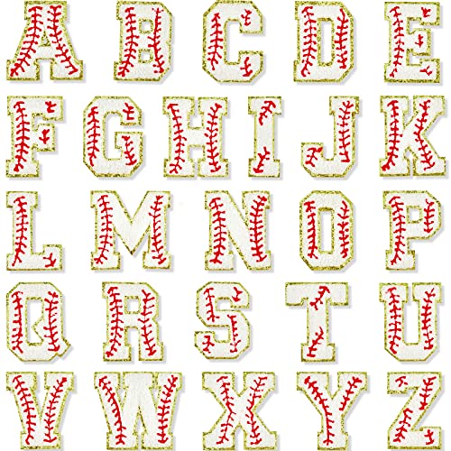 26 Pieces Glitters Patches Iron on Letters Chenille A-Z Patches Decorative Repair Embroidered Patches Personalized Sew On Patches for Clothing Repairing Hats Shirts Shoes Jeans Bags(Gold, White, Red)