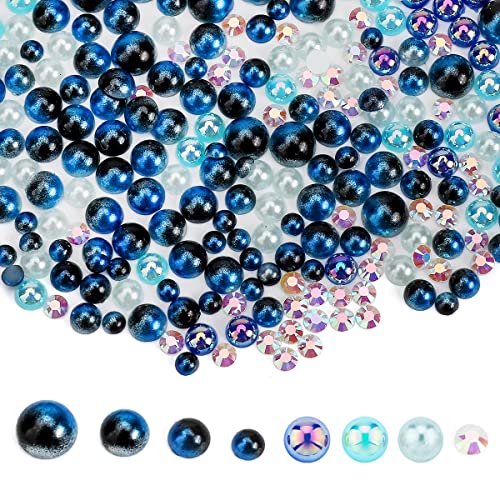 Blue Rhinestones 7700 Pieces Half Pearls for Crafts Non-Hotfix Flatback Pearls Beads Resin Rhinestone Set with Wax Pencil for DIY Nail Face Art, Mixed Sizes 3/4/5/6mm