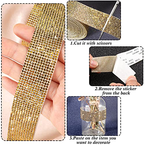 Zonon, Self Adhesive Rhinestone Strips Diamond Bling Crystal Ribbon Sticker Wrap for Craft Jewel Tape Roll with 2 mm Rhinestones for DIY Car Phone Christmas Decoration (Gold,0.51 Inch x 9 Yards)