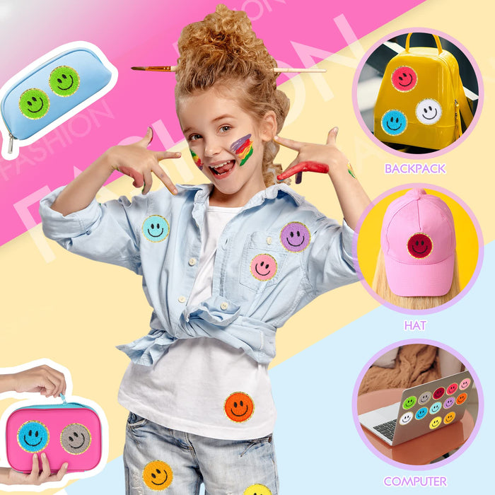 72 Pcs Self Adhesive Smile Face Patch Chenille Patches Colorful Cute Happy Face Chenille Patch Applique for Clothing Fabric Jackets DIY Mobile Phone Backpacks Hat
